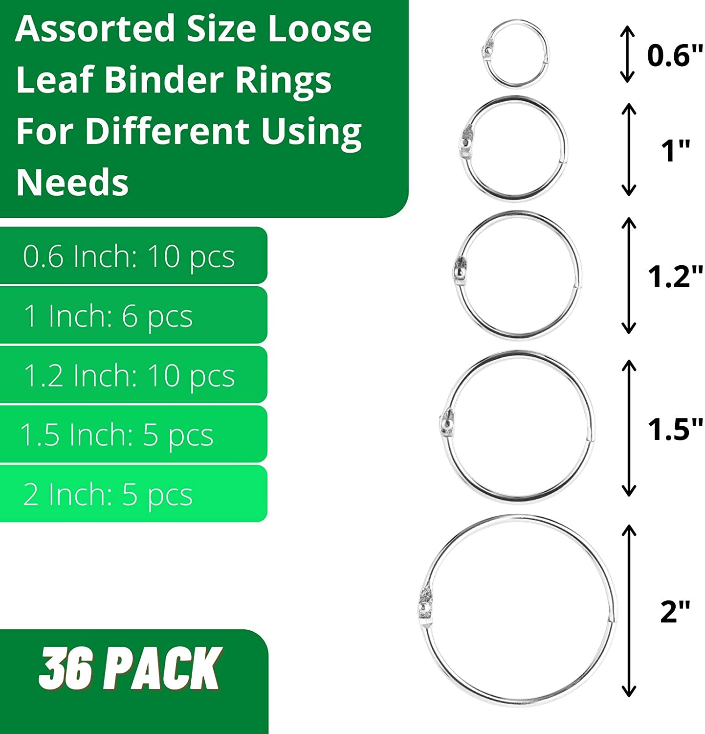 Mr. Pen- Binder Rings, Loose Leaf Binder Ring, 36pc, Assorted Sizes, Book Binder Rings, Ring Binder Clips, Metal Rings for Index Cards, Rings for